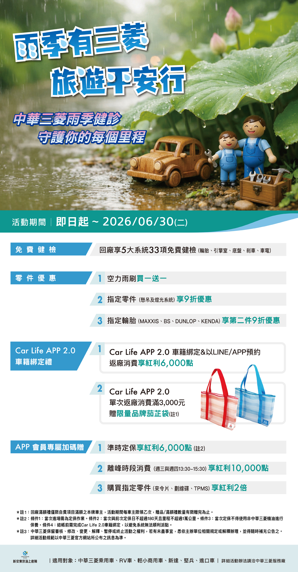 「雨季健診」期間，凡單次消費滿3,000元，並完成車主APP車籍綁定，即可獲贈限量品牌茄芷袋